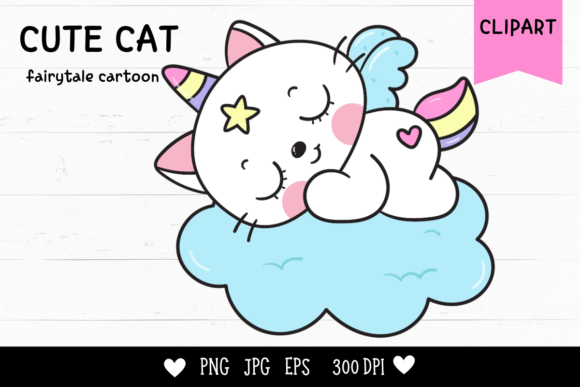Cute Cat Unicorn Sleep on Cloud Kawaii