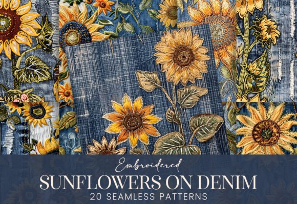 Embroidered Sunflowers Denim Blue Jeans: A Seamless Pattern Resource for Creative Workflows