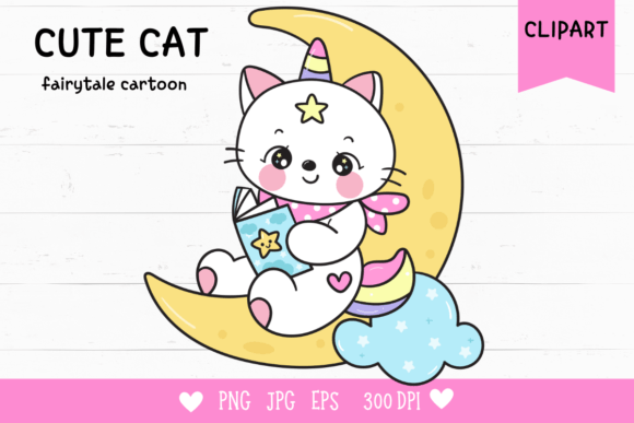 Evaluating the Cute Cat Unicorn Read Book on Moon Baby Clipart for Creative Projects