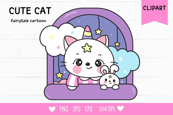 The Whimsical Charm of Cat Unicorn and Bunny Rabbit on Window Kawaii Cliparts Night